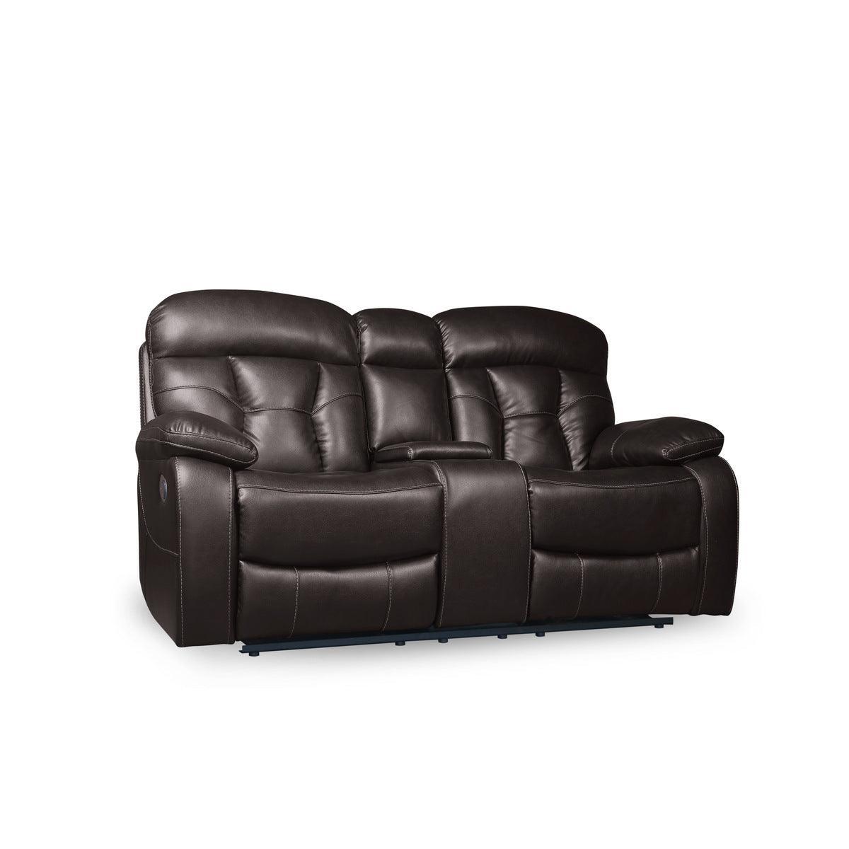 Claire Brown Solid Wood And Plywood Faux Leather Double Reclining Love Seat With Center Console - Ella Furniture