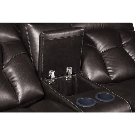 Claire Brown Solid Wood, Plywood Faux Leather Power Double Reclining Love Seat With Center Console - Ella Furniture