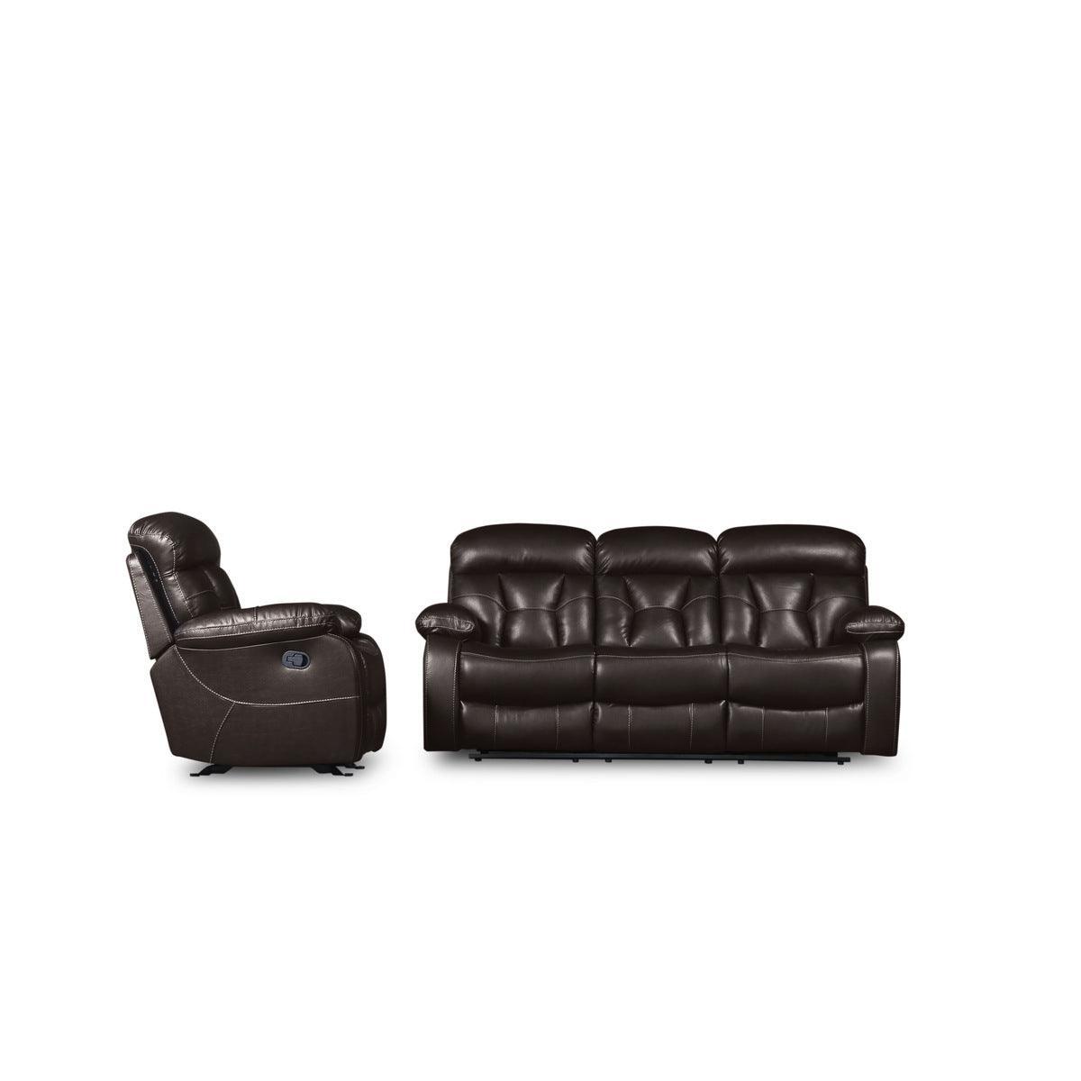 Claire Brown Solid Wood And Plywood Faux Leather Double Reclining Sofa With Drop-down Cup Holders - Ella Furniture