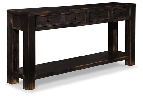 Gavelston Black Sofa Console Table side view showcasing dark bronze hardware
