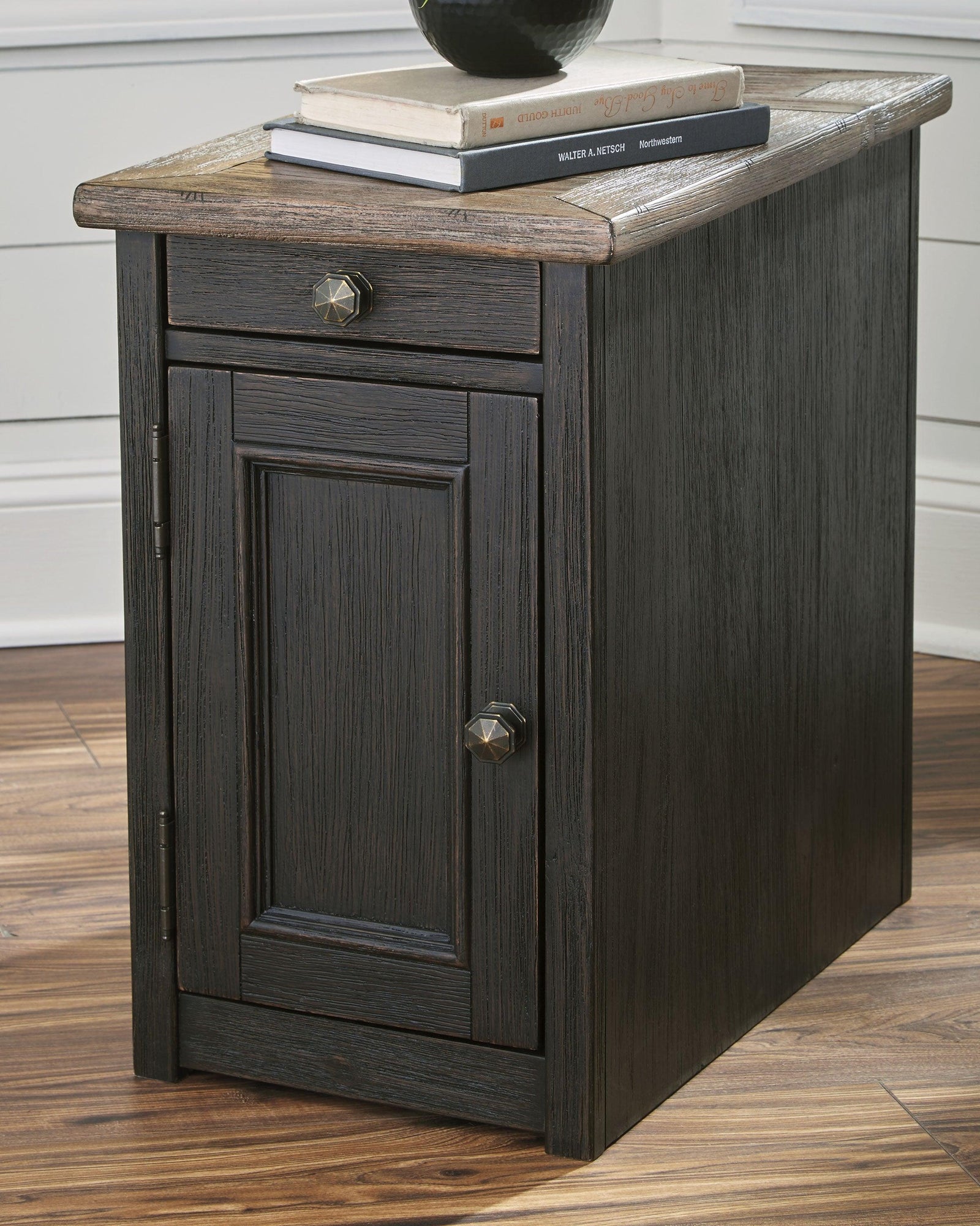 Tyler Creek Grayish Brown/Black Chairside End Table With Usb Ports & Outlets