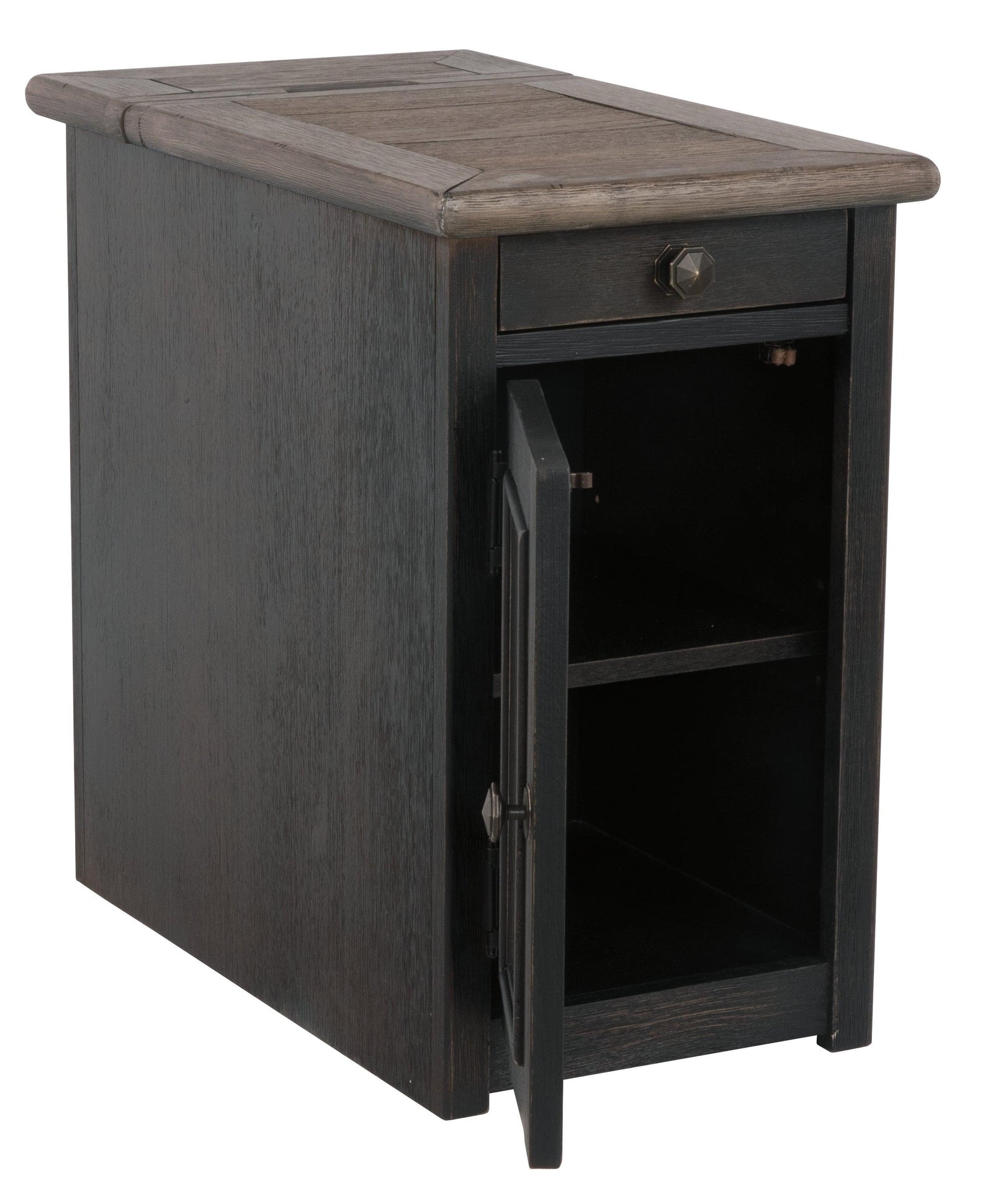 Tyler Creek Grayish Brown/Black Chairside End Table With Usb Ports & Outlets - Ella Furniture