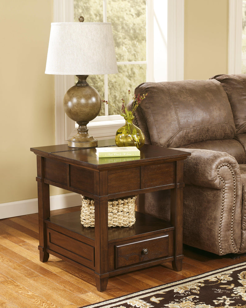 Gately Medium Brown End Table With Storage & Power Outlets