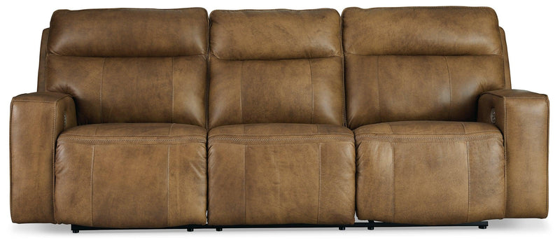 Game Plan Caramel Leather Power Reclining Sofa - Ella Furniture