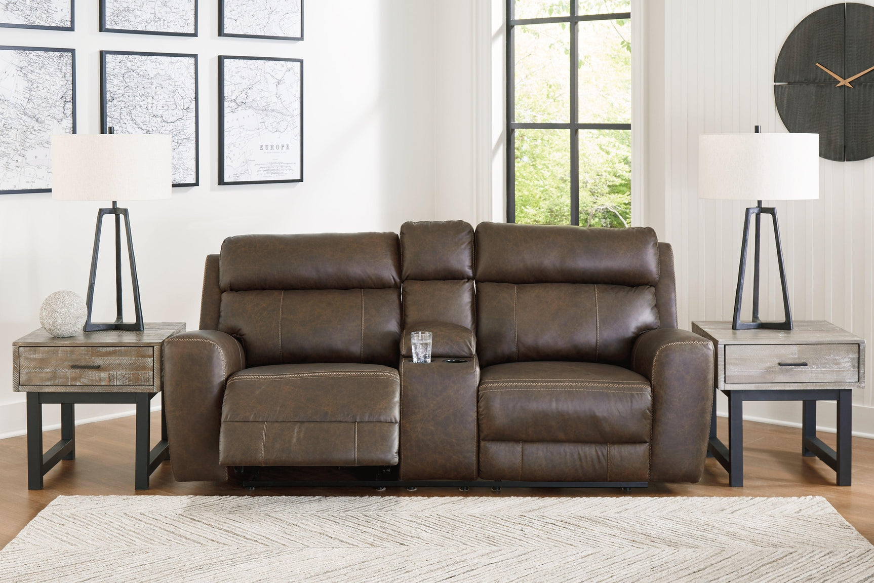 Roman Umber Power Reclining Loveseat With Console - Ella Furniture