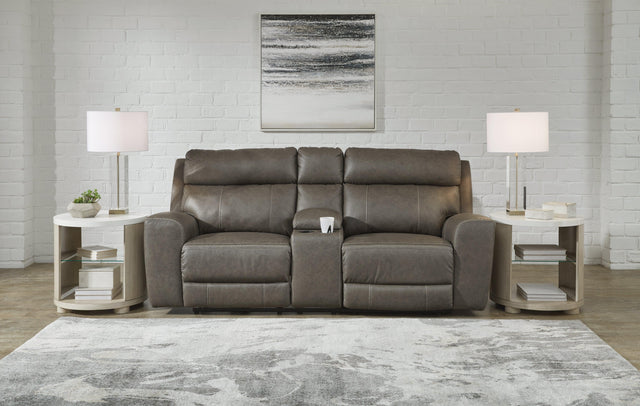 Roman Smoke Power Reclining Loveseat With Console - Ella Furniture