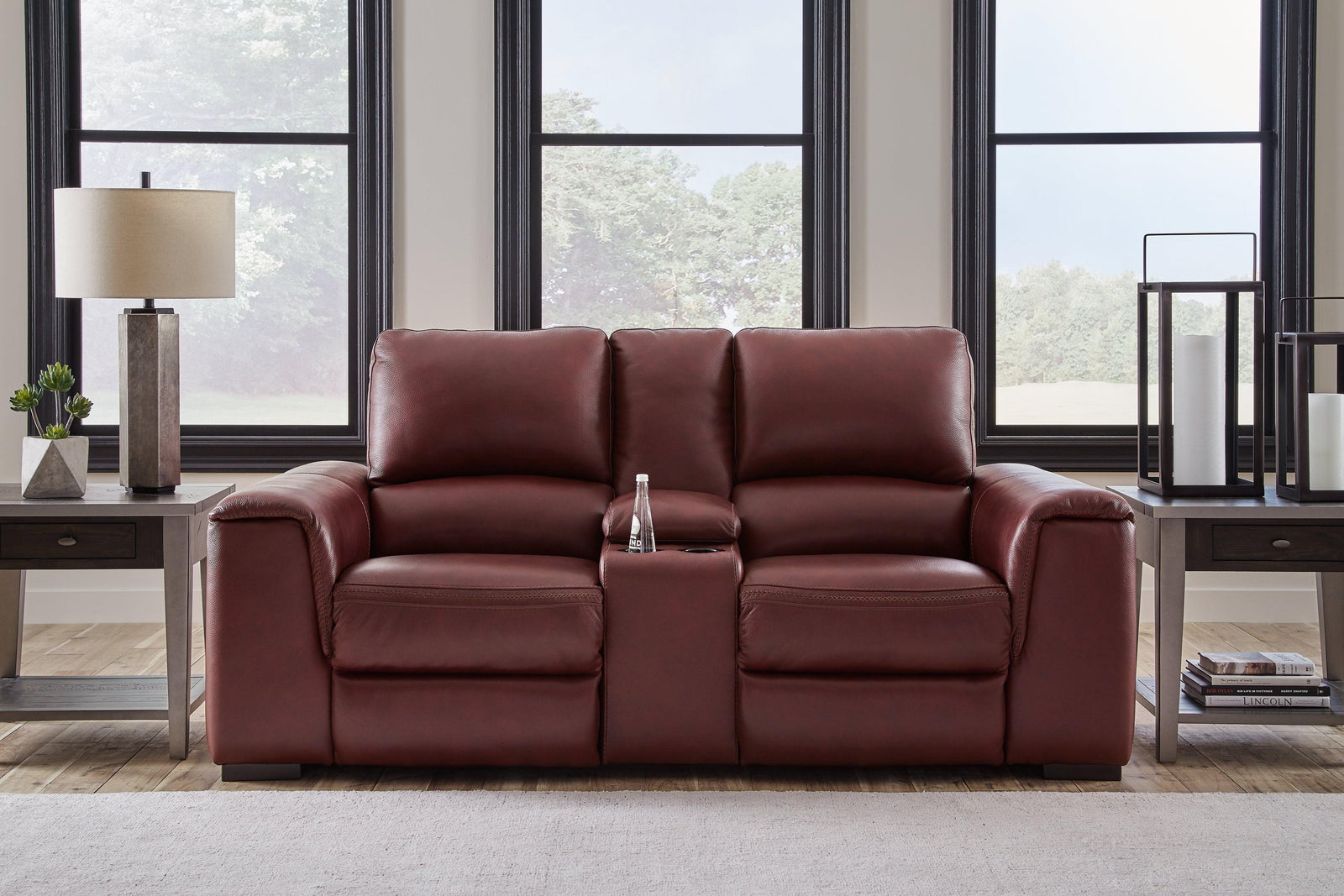 Alessandro Garnet Power Reclining Loveseat With Console - Ella Furniture