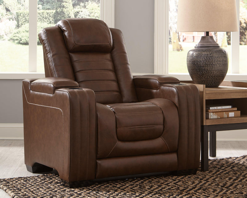 Backtrack Chocolate Leather Power Recliner - Ella Furniture
