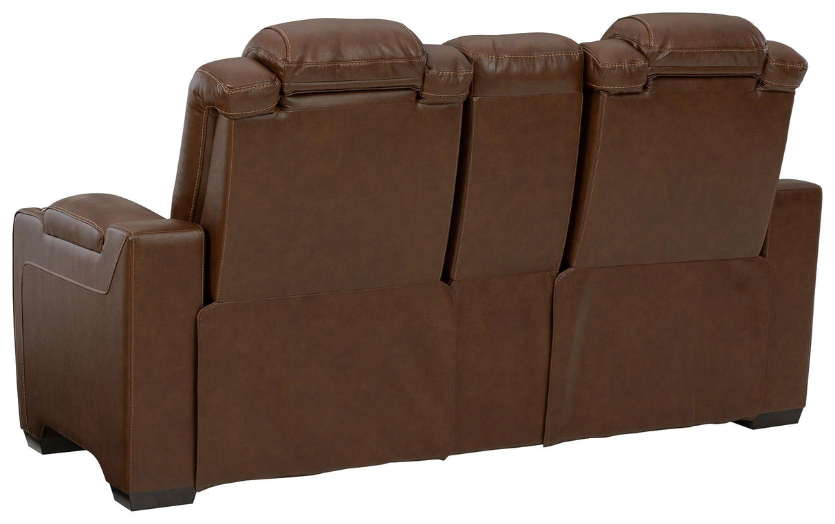 Backtrack Chocolate Leather Power Reclining Loveseat With Console - Ella Furniture