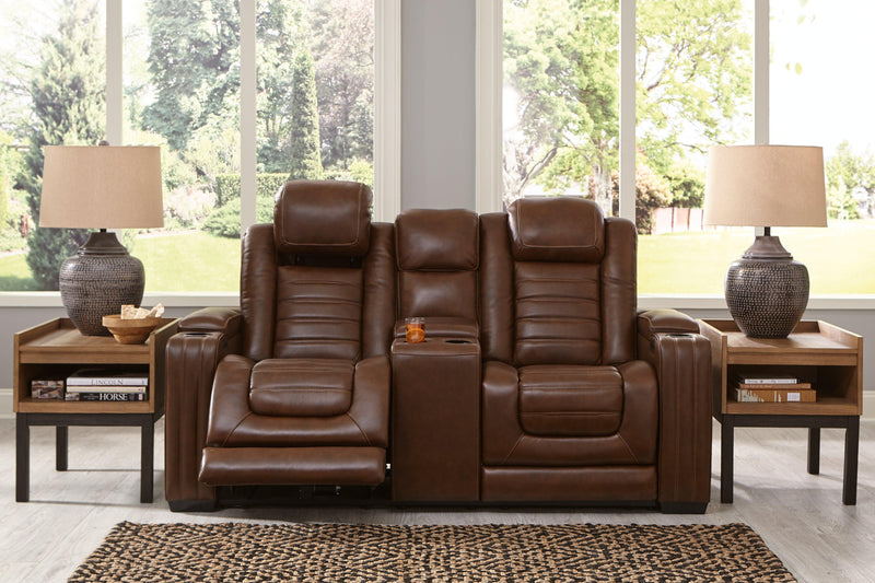 Backtrack Chocolate Leather Power Reclining Loveseat With Console