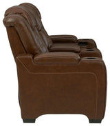 Backtrack Chocolate Leather Power Reclining Loveseat With Console - Ella Furniture