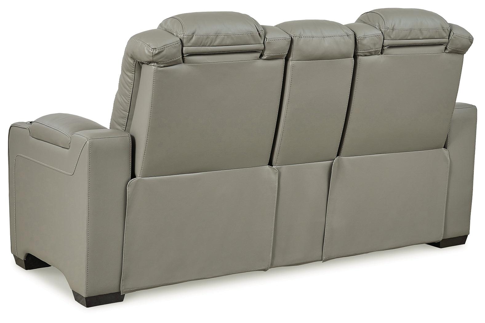 Backtrack Gray Leather Power Reclining Loveseat - Ella Furniture