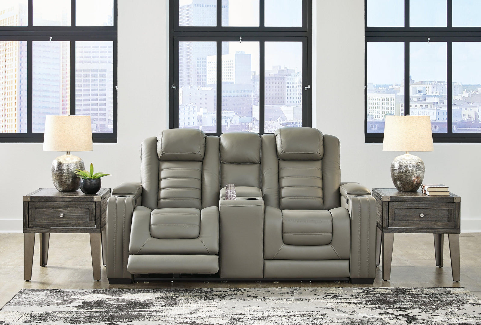 Backtrack Gray Leather Power Reclining Loveseat