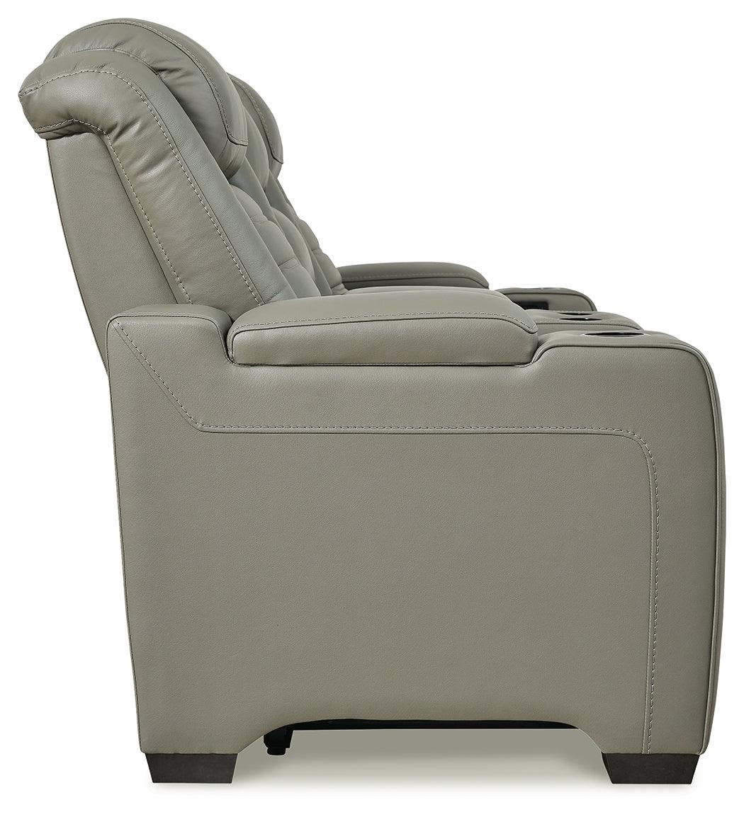 Backtrack Gray Leather Power Reclining Loveseat - Ella Furniture