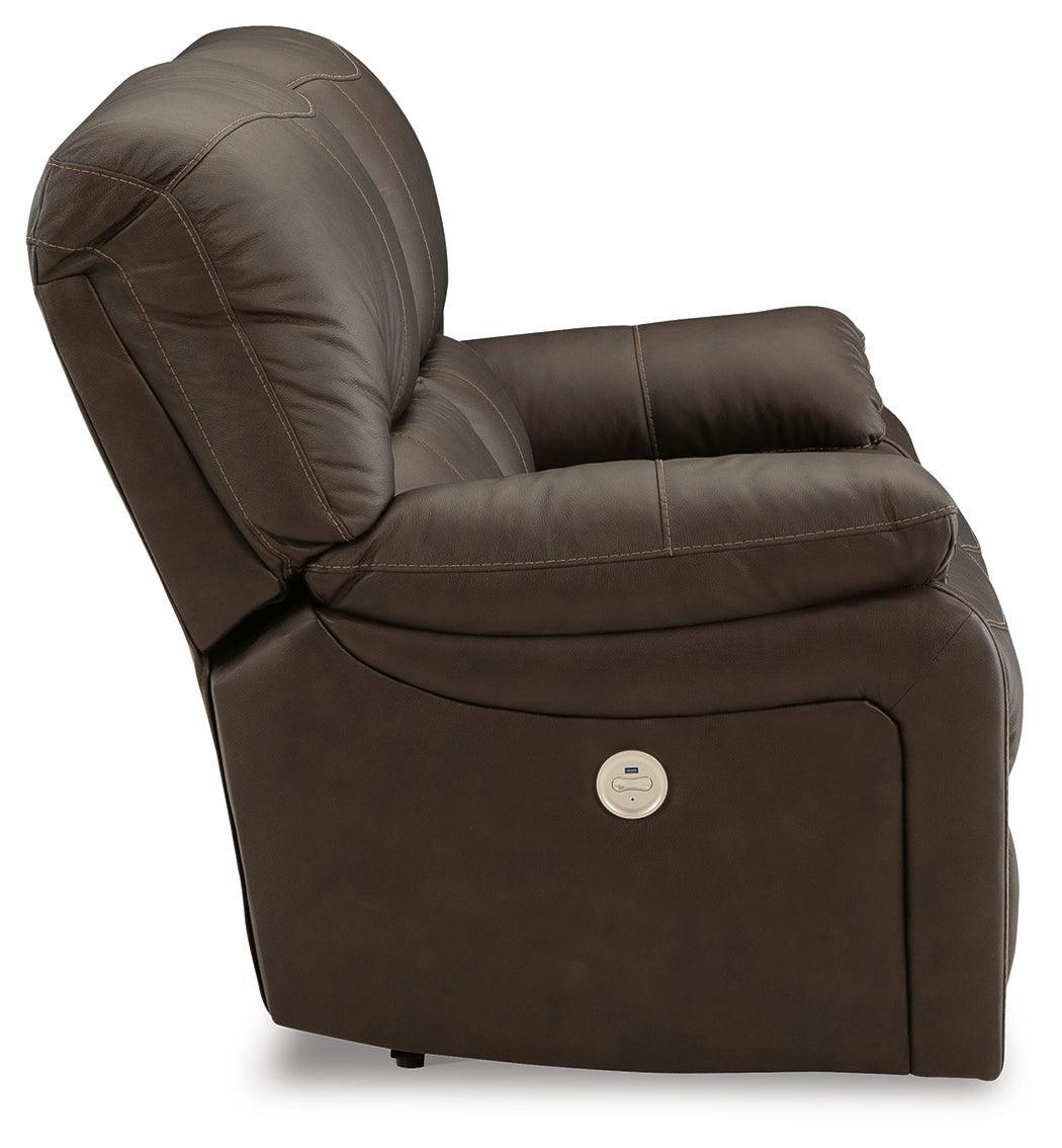 Leesworth Dark Brown Leather Power Reclining Loveseat - Ella Furniture