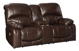 Hallstrung Chocolate Leather Power Reclining Loveseat With Console - Ella Furniture