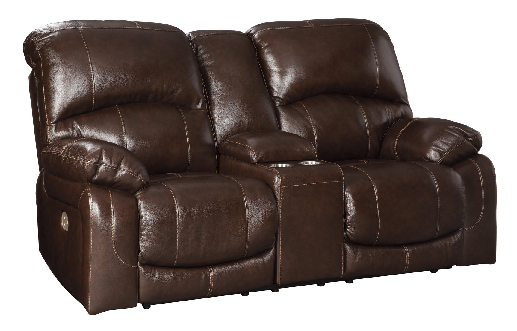 Hallstrung Chocolate Leather Power Reclining Loveseat With Console - Ella Furniture