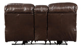 Hallstrung Chocolate Leather Power Reclining Loveseat With Console - Ella Furniture