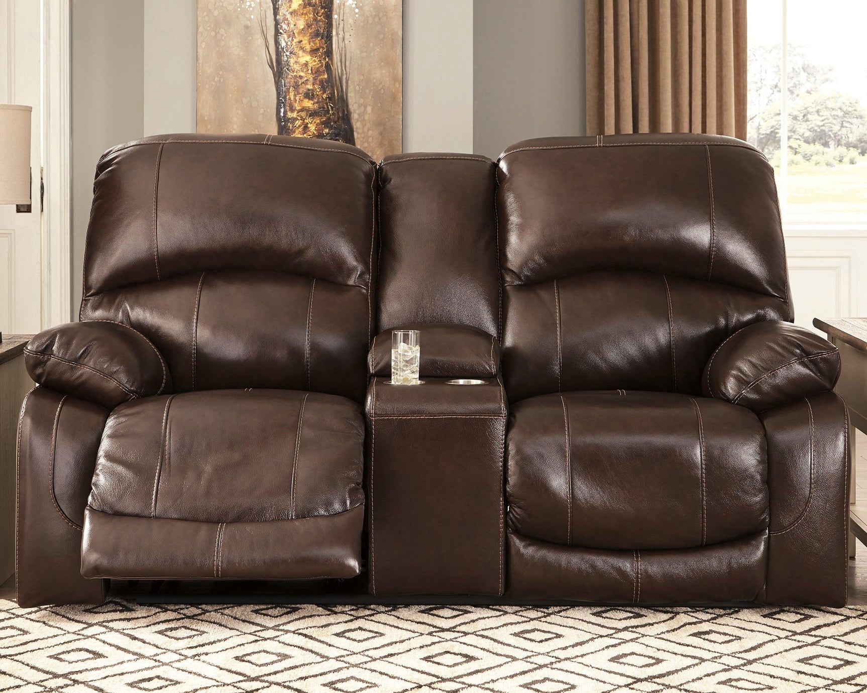 Hallstrung Chocolate Leather Power Reclining Loveseat With Console - Ella Furniture