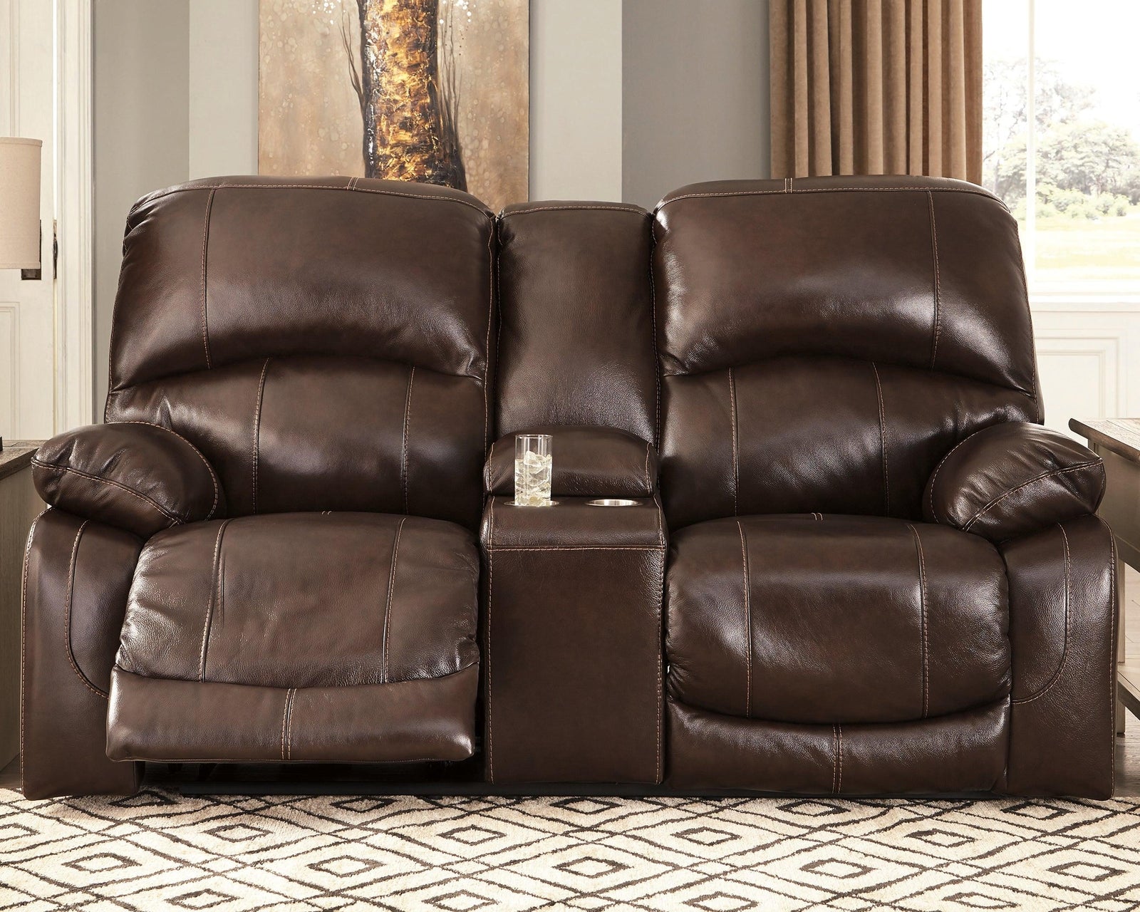 Hallstrung Chocolate Leather Power Reclining Loveseat With Console