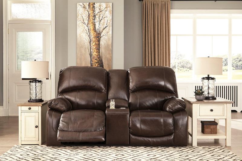 Hallstrung Chocolate Leather Power Reclining Loveseat With Console - Ella Furniture