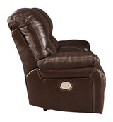 Hallstrung Chocolate Leather Power Reclining Loveseat With Console - Ella Furniture