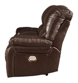 Hallstrung Chocolate Leather Power Reclining Loveseat With Console - Ella Furniture