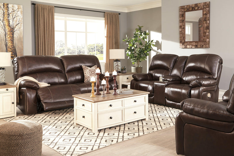 Hallstrung Chocolate Leather Power Reclining Loveseat With Console - Ella Furniture