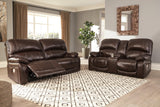 Hallstrung Chocolate Leather Power Reclining Loveseat With Console - Ella Furniture