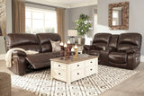 Hallstrung Chocolate Leather Power Reclining Loveseat With Console - Ella Furniture