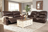 Hallstrung Chocolate Leather Power Reclining Loveseat With Console - Ella Furniture