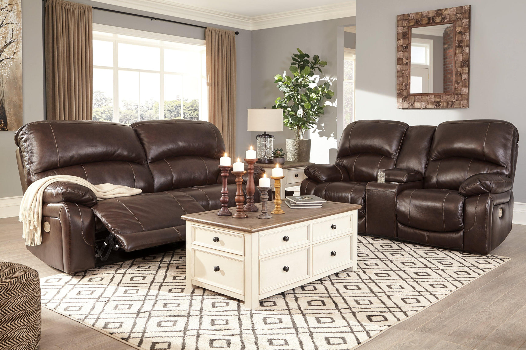 Hallstrung Chocolate Leather Power Reclining Sofa - Ella Furniture