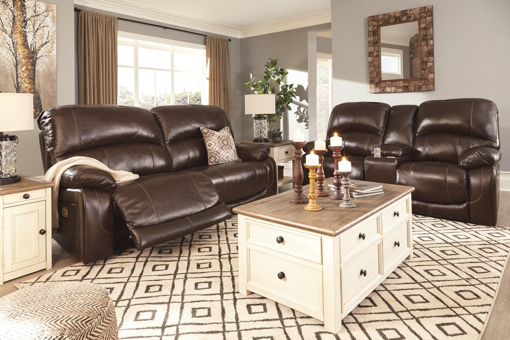 Hallstrung Chocolate Leather Power Reclining Loveseat With Console - Ella Furniture