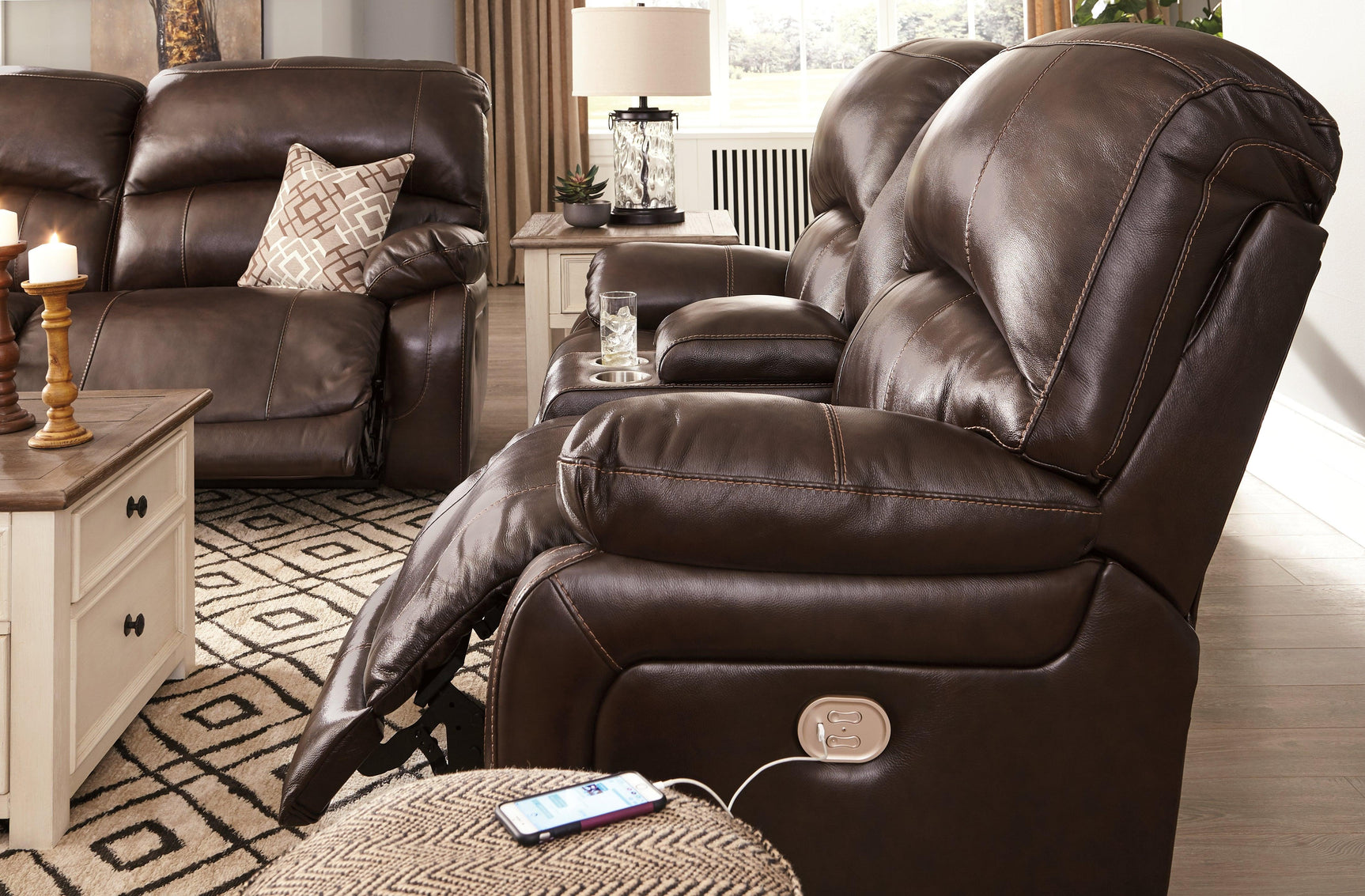 Hallstrung Chocolate Leather Power Reclining Sofa - Ella Furniture