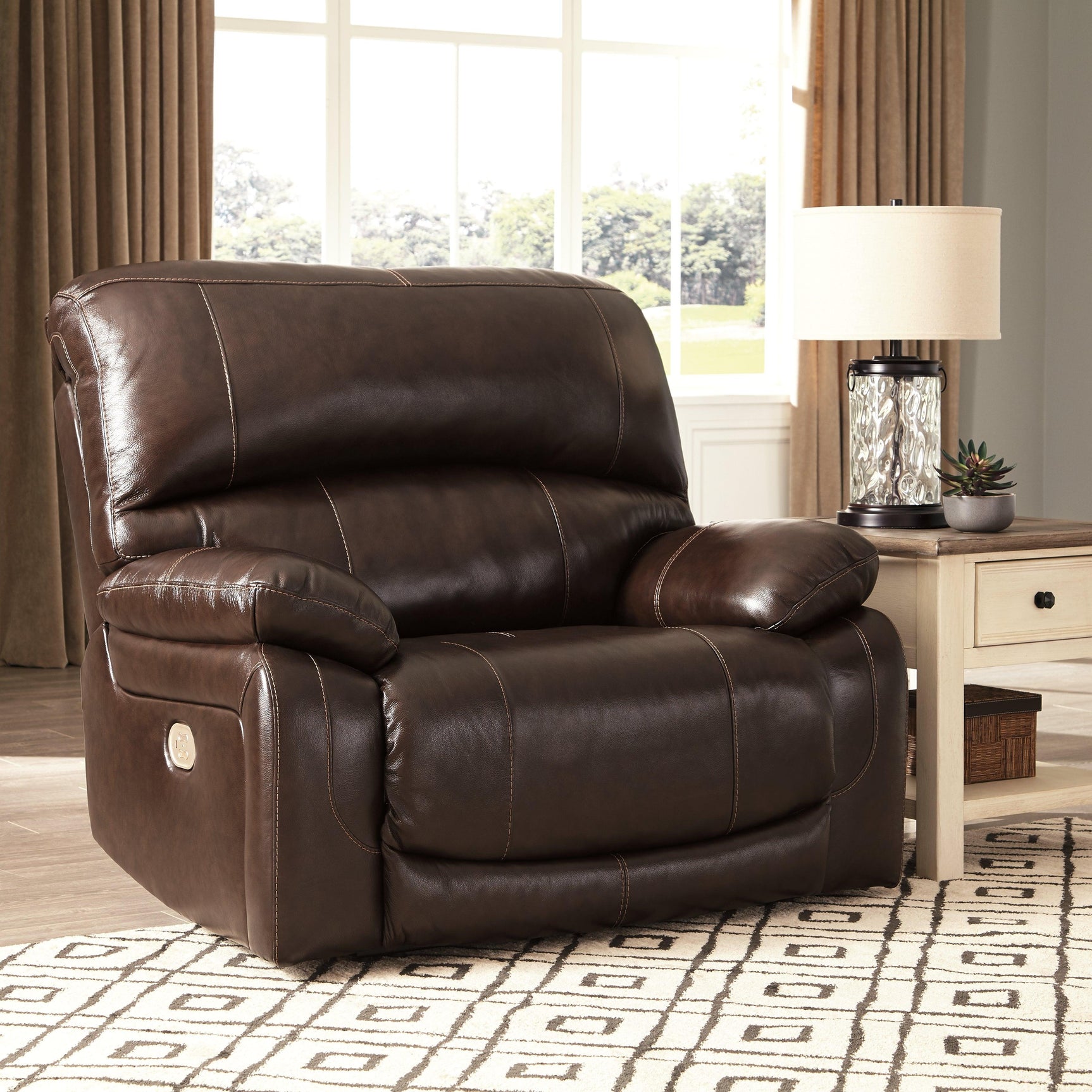 Hallstrung Chocolate Leather Power Recliner - Ella Furniture