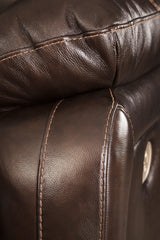 Hallstrung Chocolate Leather Power Reclining Loveseat With Console - Ella Furniture