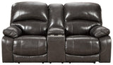 Hallstrung Gray Leather Power Reclining Loveseat With Console - Ella Furniture