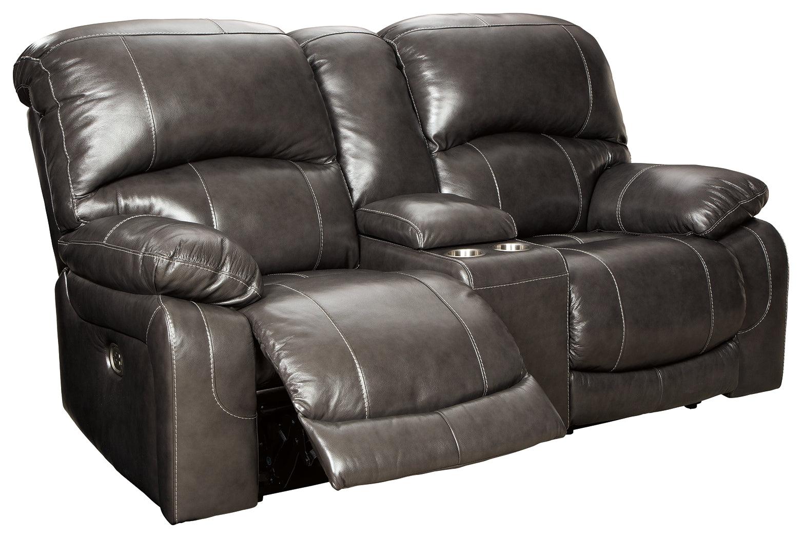 Hallstrung Gray Leather Power Reclining Loveseat With Console - Ella Furniture