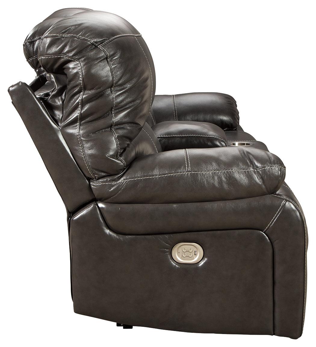 Hallstrung Gray Leather Power Reclining Loveseat With Console - Ella Furniture