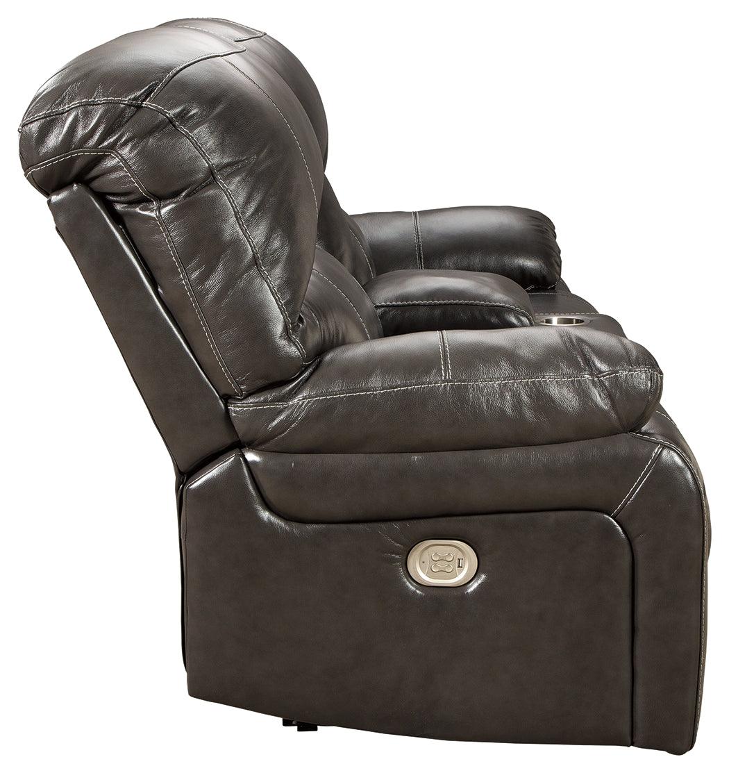 Hallstrung Gray Leather Power Reclining Loveseat With Console - Ella Furniture