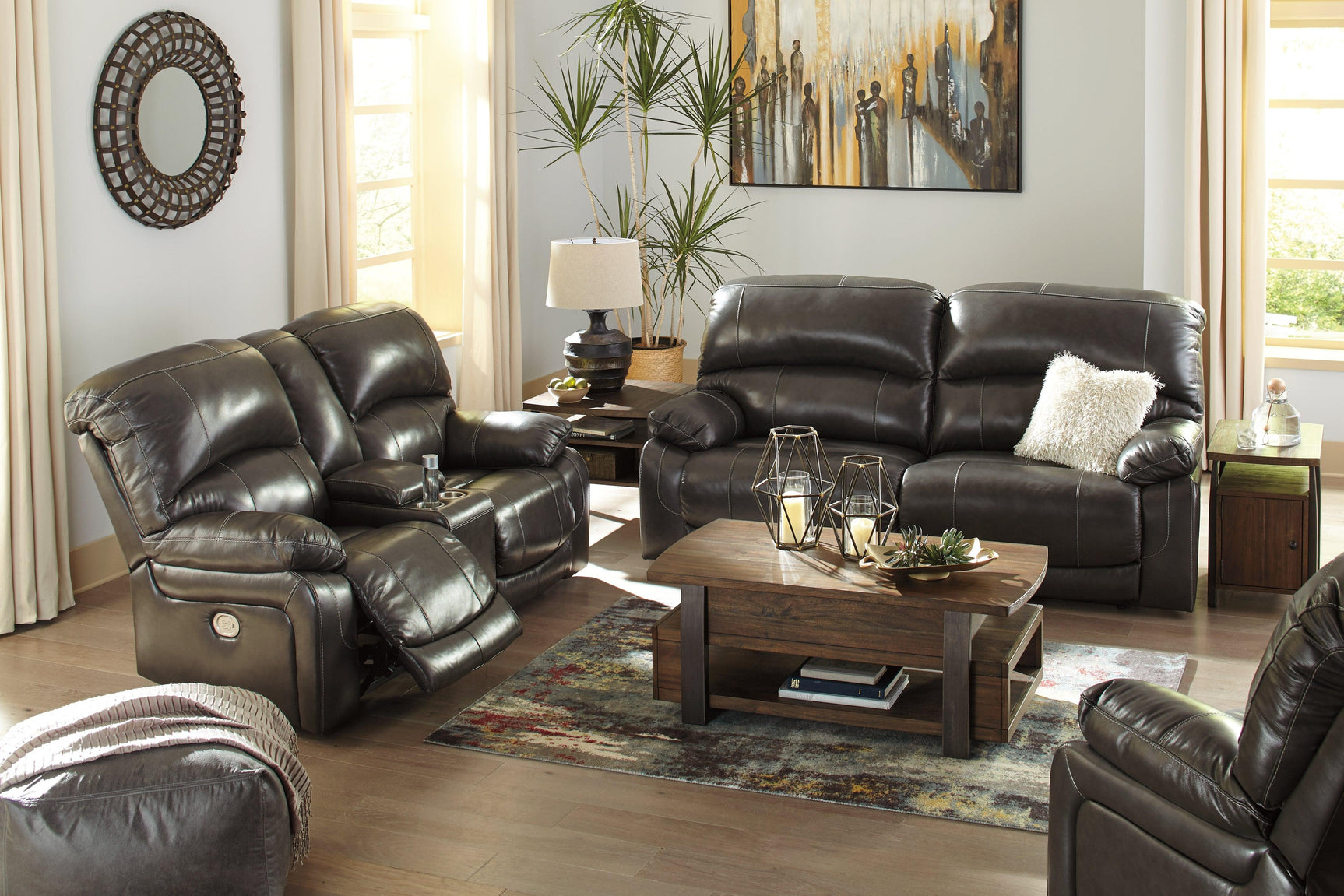 Hallstrung Gray Leather Power Reclining Sofa - Ella Furniture