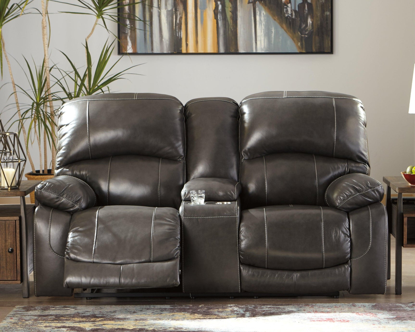 Hallstrung Gray Leather Power Reclining Loveseat With Console - Ella Furniture