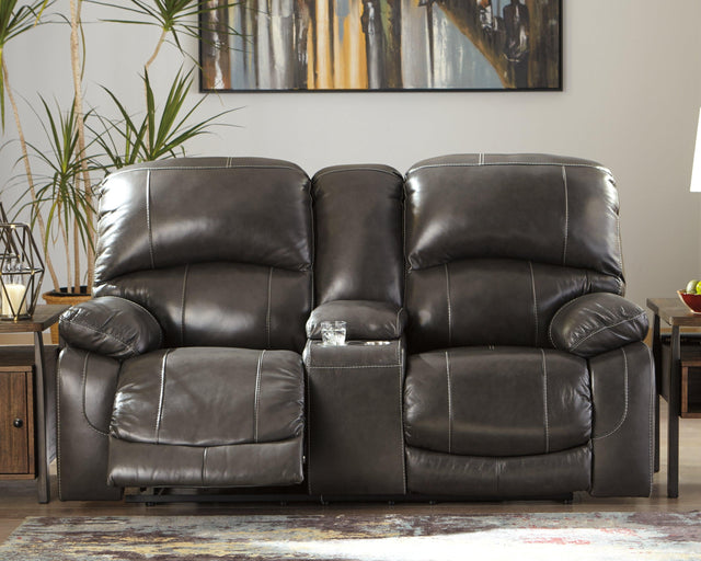 Hallstrung Gray Leather Power Reclining Loveseat With Console - Ella Furniture