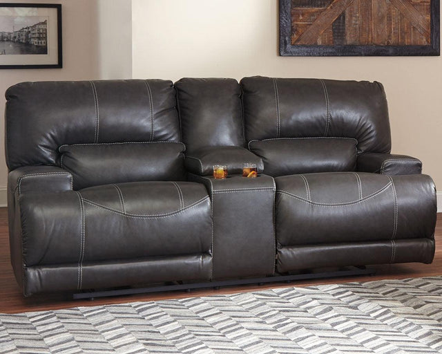 Mccaskill Gray Leather Reclining Loveseat With Console - Ella Furniture