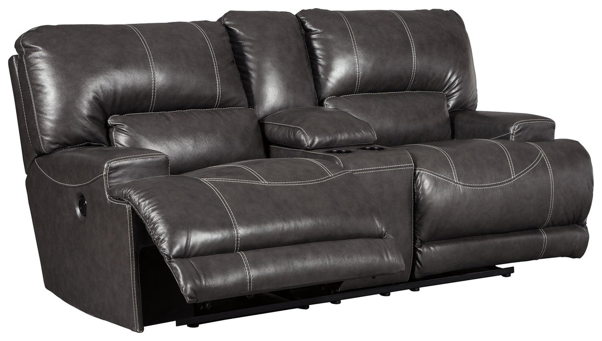 Mccaskill Gray Leather Power Reclining Loveseat With Console - Ella Furniture