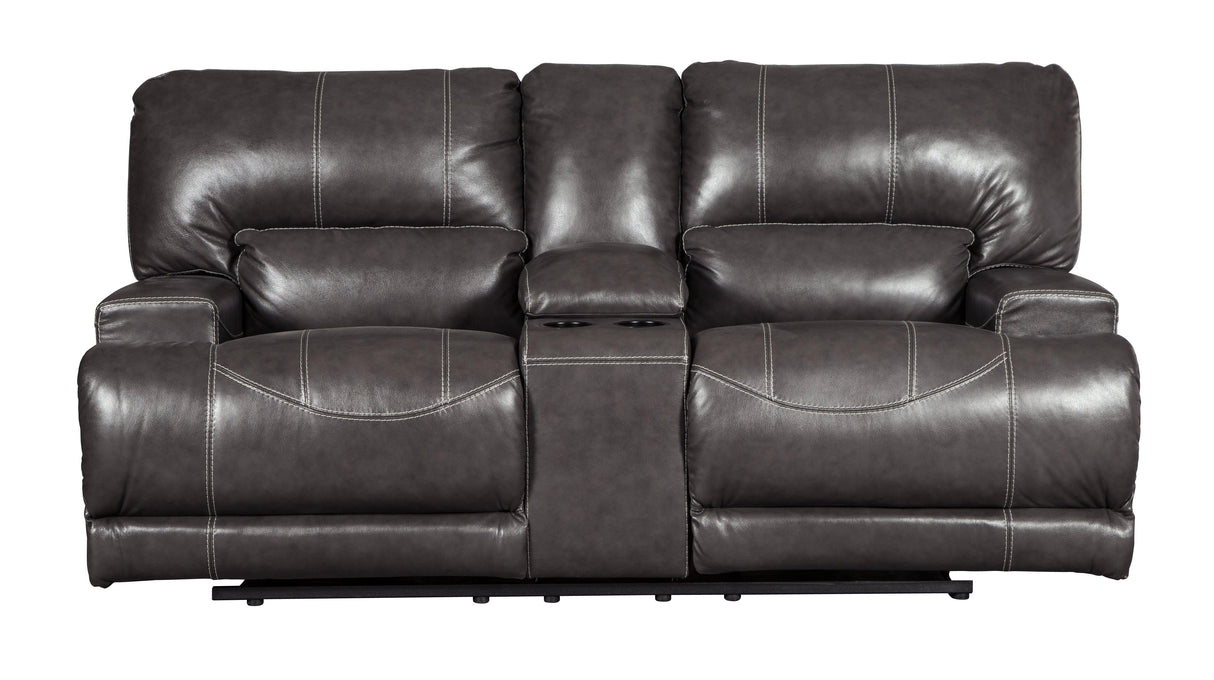 Mccaskill Gray Leather Power Reclining Loveseat With Console - Ella Furniture