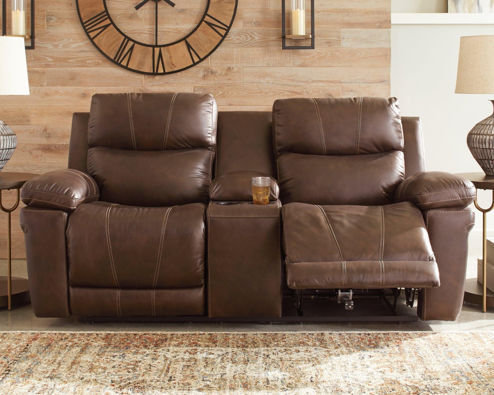Edmar Chocolate Leather Power Reclining Loveseat With Console - Ella Furniture