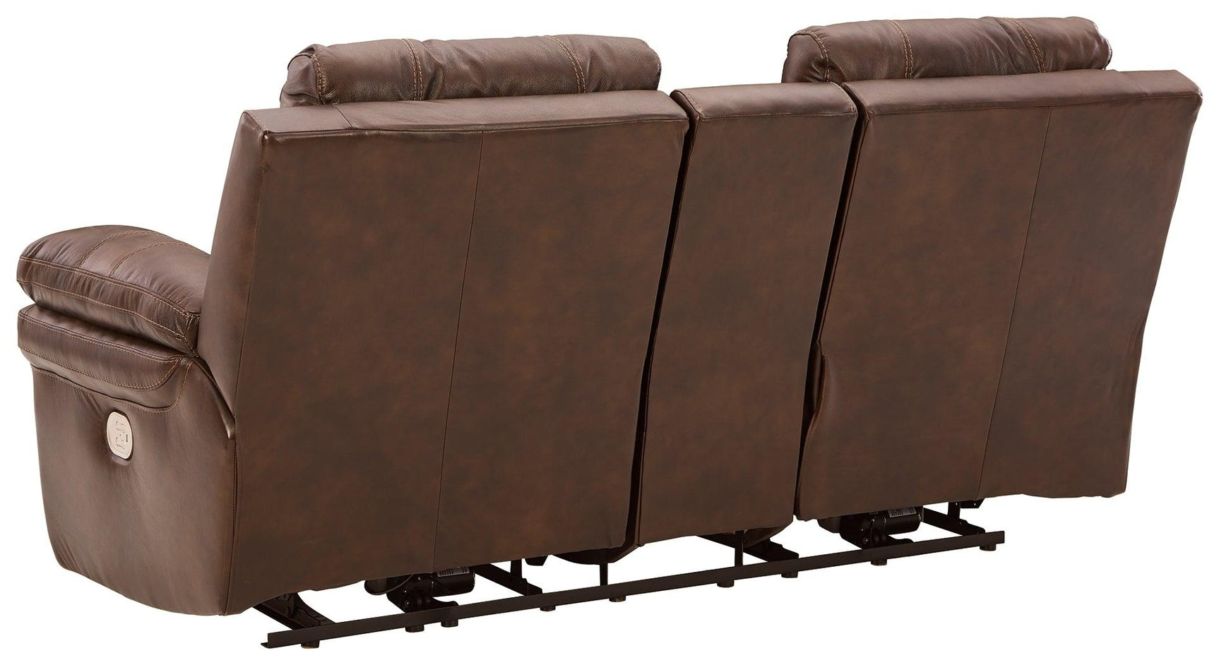 Edmar Chocolate Leather Power Reclining Loveseat With Console - Ella Furniture