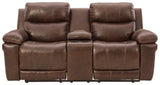 Edmar Chocolate Leather Power Reclining Loveseat With Console - Ella Furniture