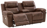 Edmar Chocolate Leather Power Reclining Loveseat With Console - Ella Furniture